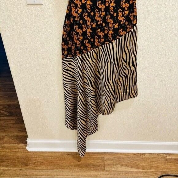 Lulu’s Gold Mine Black Multi Print Satin Asymmetrical Midi Dress Size Medium - Picture 6 of 12